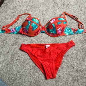 Orange Floral Underwire Bikini Set - Women Swim